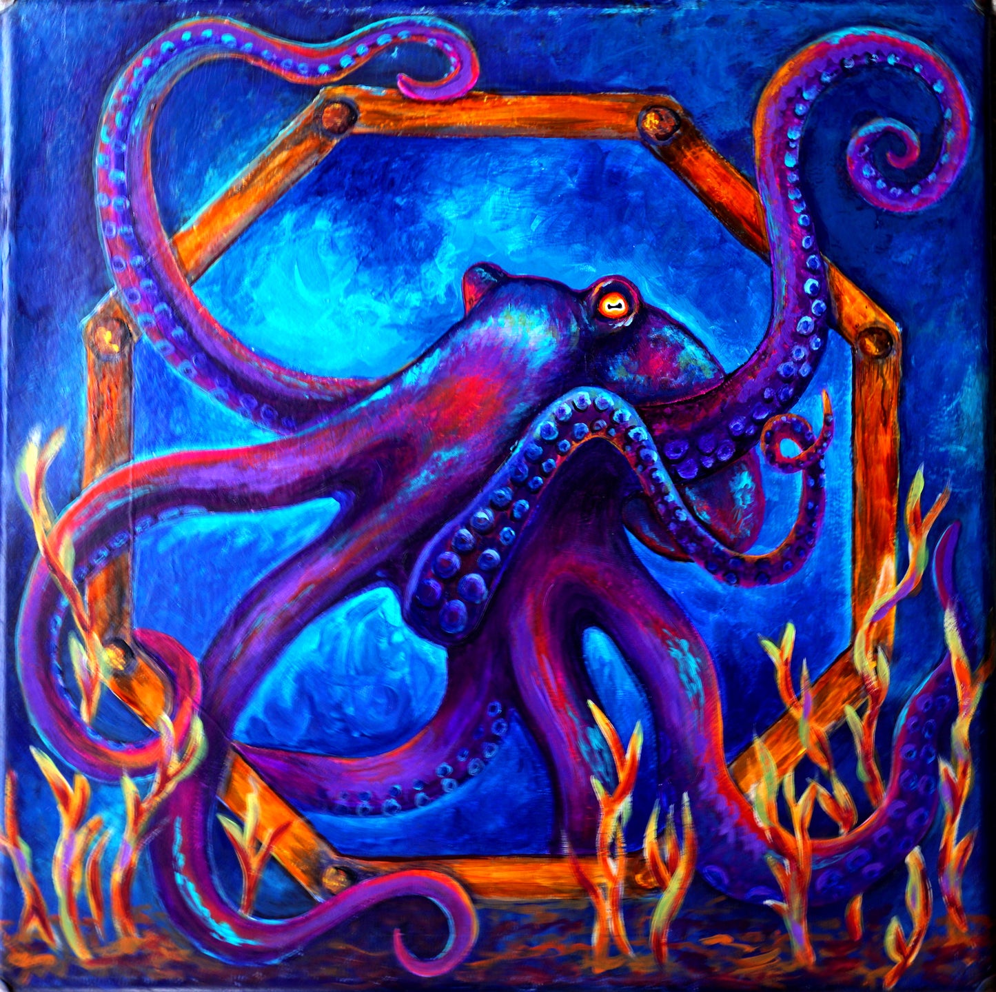 Dramatic custom octopus painting in vibrant, joyful color — a one-of-a-kind commission by Meg Harper