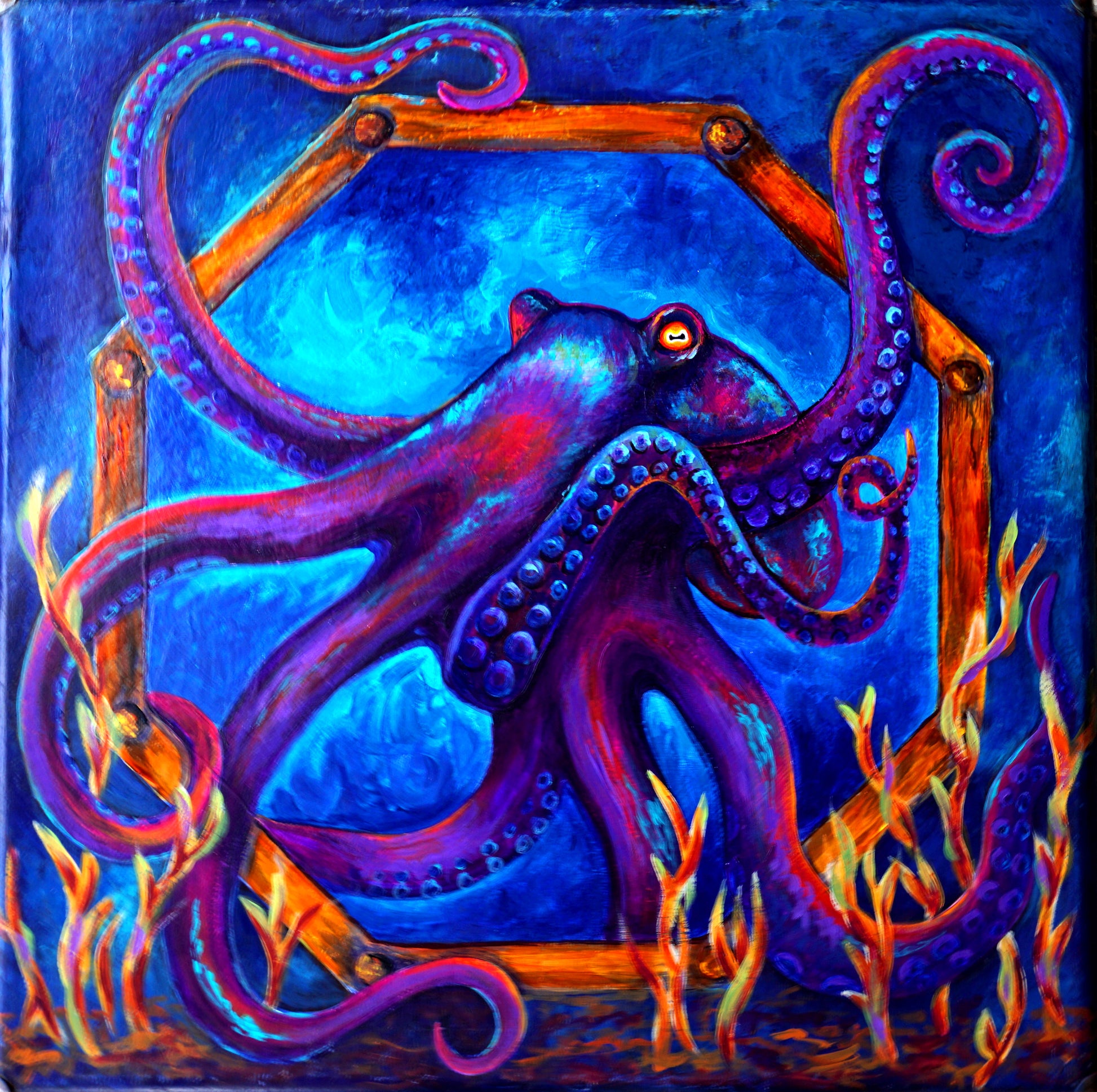 Dramatic custom octopus painting in vibrant, joyful color — a one-of-a-kind commission by Meg Harper