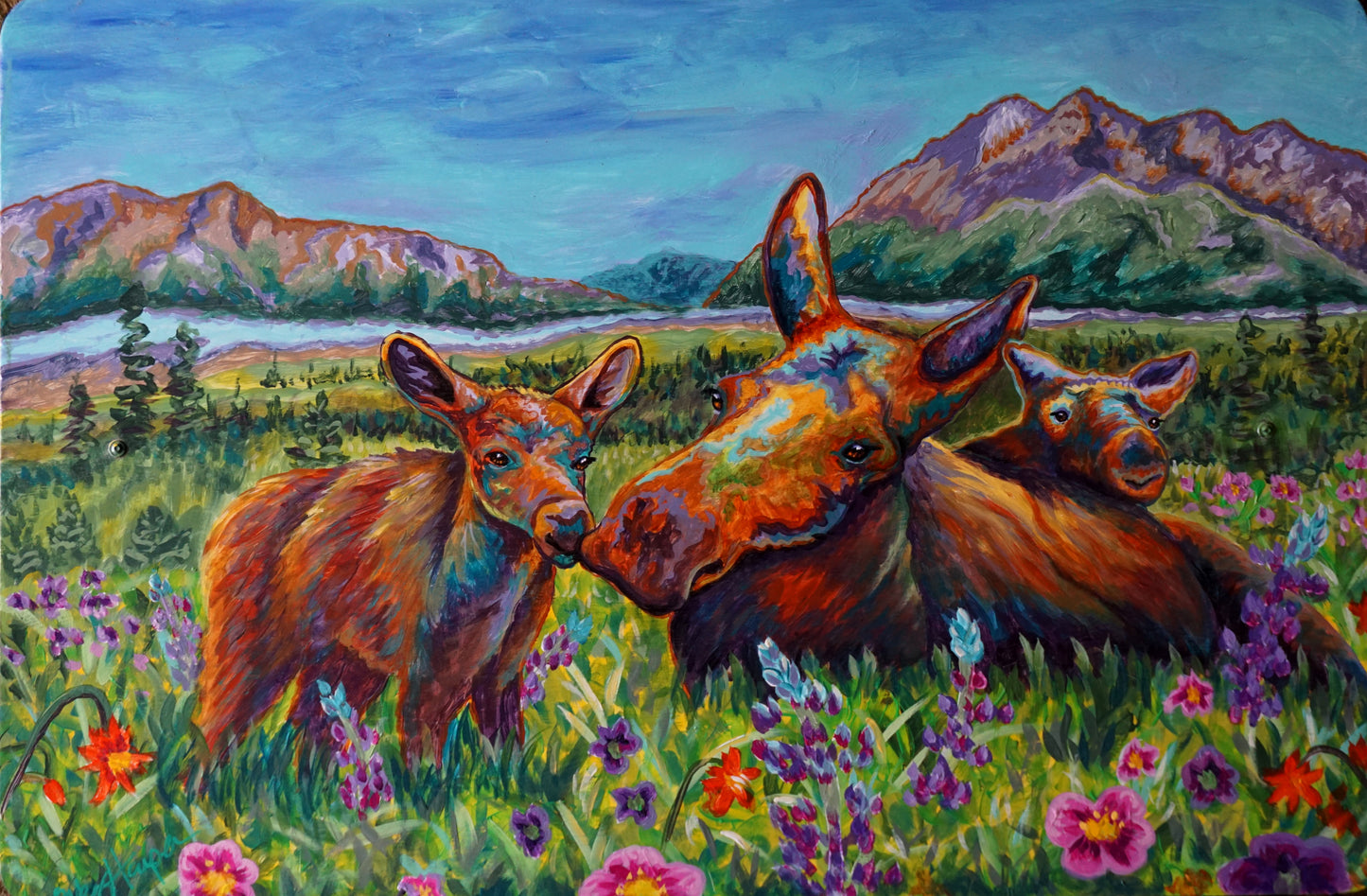 Custom painting of a mother moose and her two calves by Meg Harper, recreating a client's treasured Alaska memory