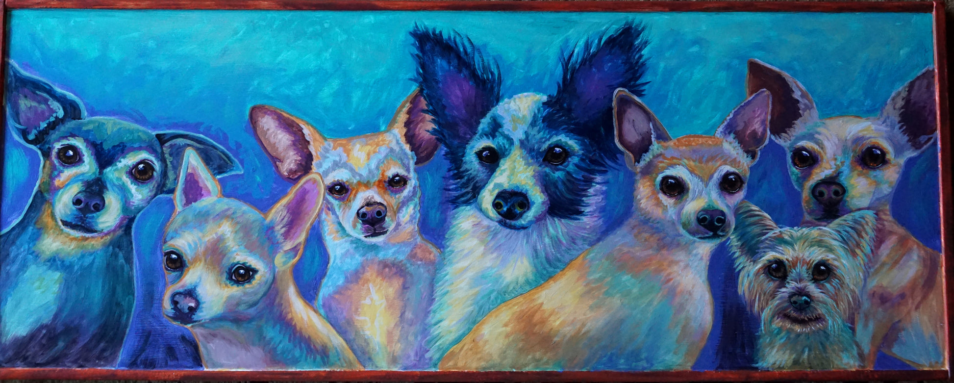 Colorful custom group dog portrait of eight Chihuahuas painted together by Meg Harper — a "Dogs of a Lifetime" tribute to a family's pets across the years