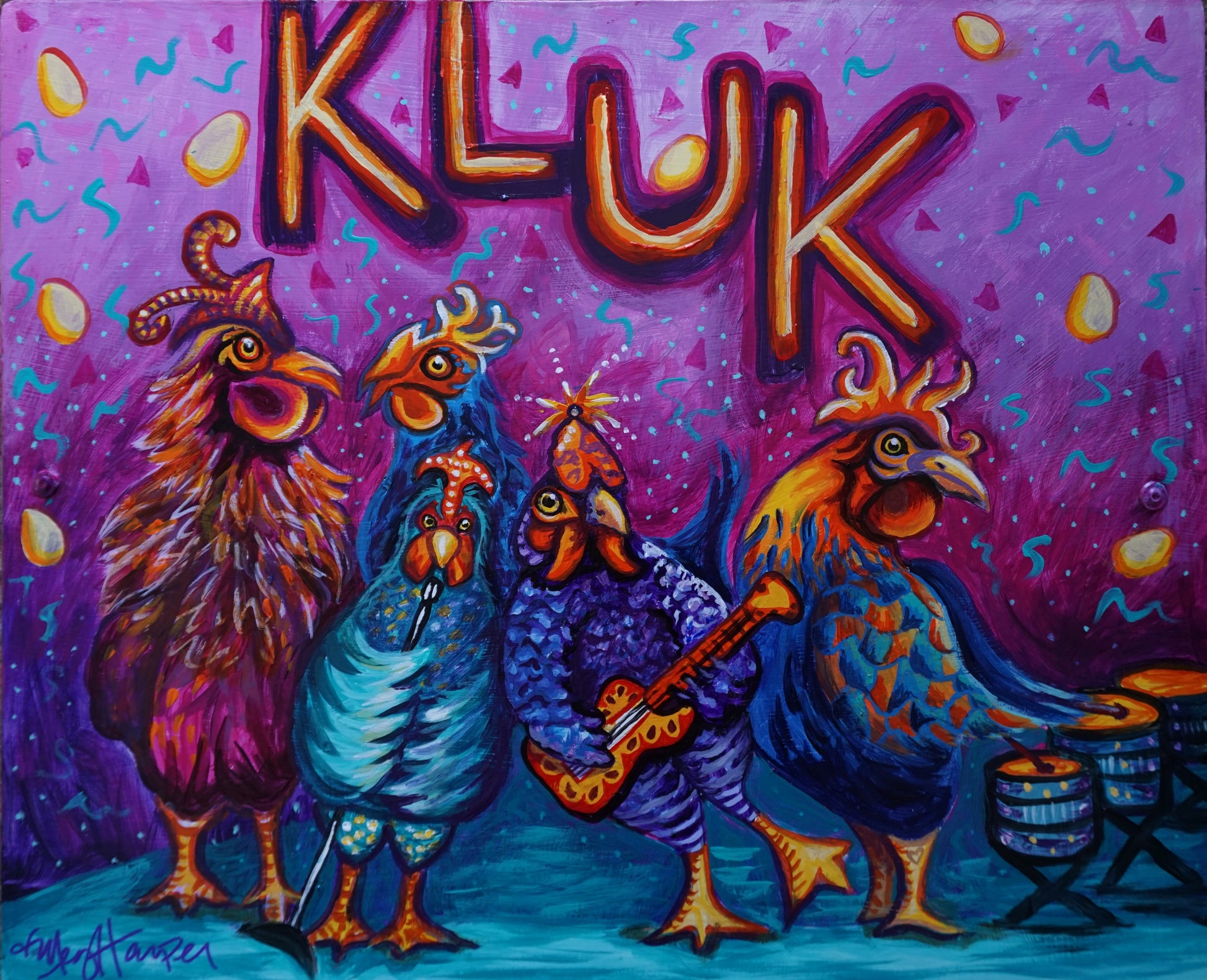 Playful custom painting of chickens performing as rock stars on stage — a personalized commission by Meg Harper