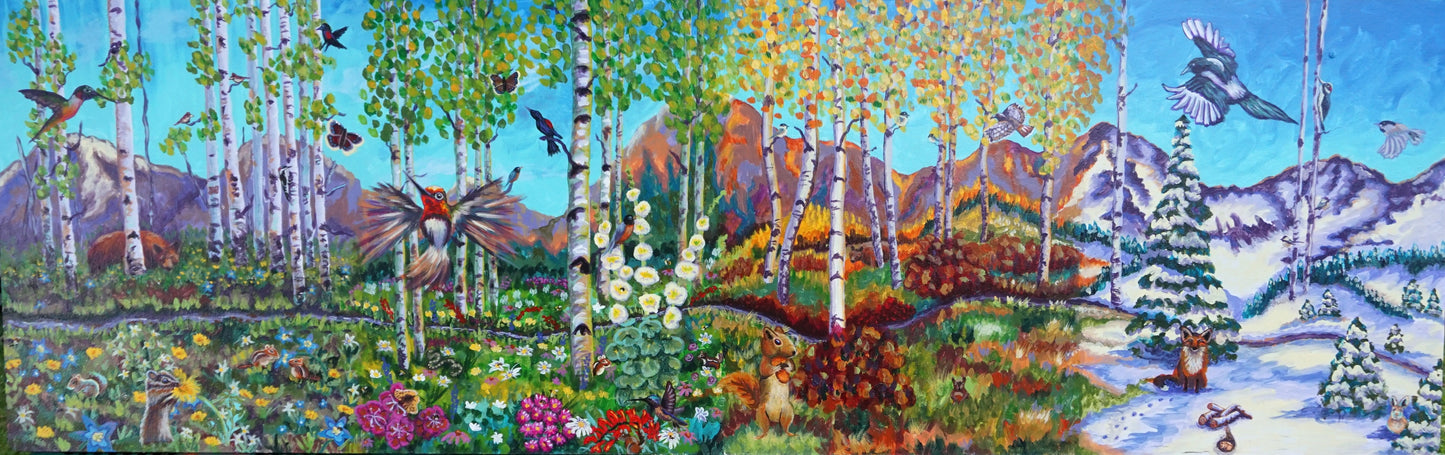 Custom four-seasons painting by Meg Harper — mountains, flowers, butterflies and birds across reclaimed metal for outdoor display