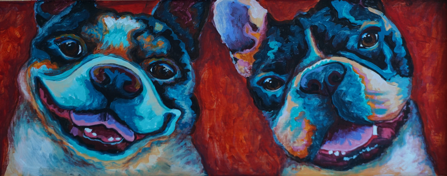 Colorful custom pet portrait of two smiling Boston Terriers painted on a reclaimed cabinet door by Meg Harper
