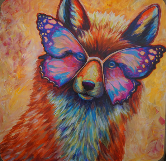 Rose Colored Glasses original acrylic painting of a fox wearing butterfly wing glasses in pink and gold by Meg Harpe