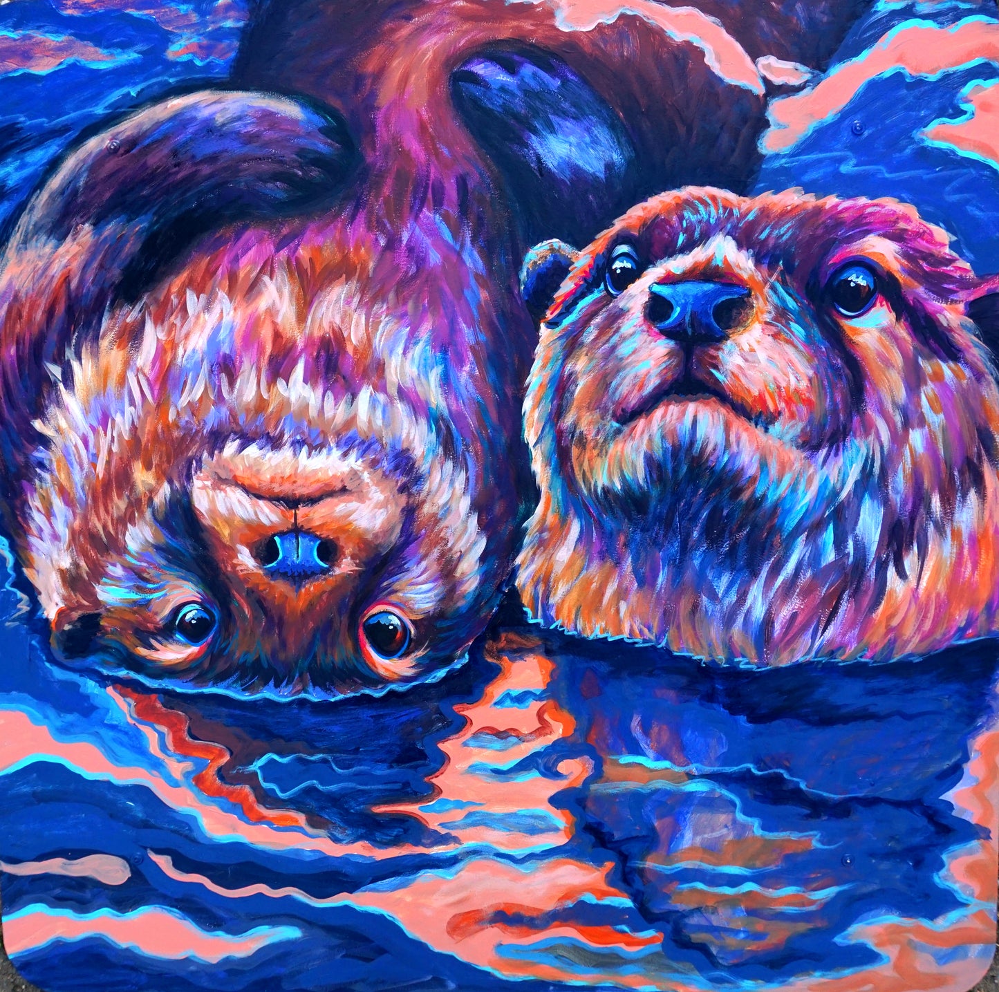 The Ripple Effect otter painting on a reclaimed street sign displayed on a porch, patio 