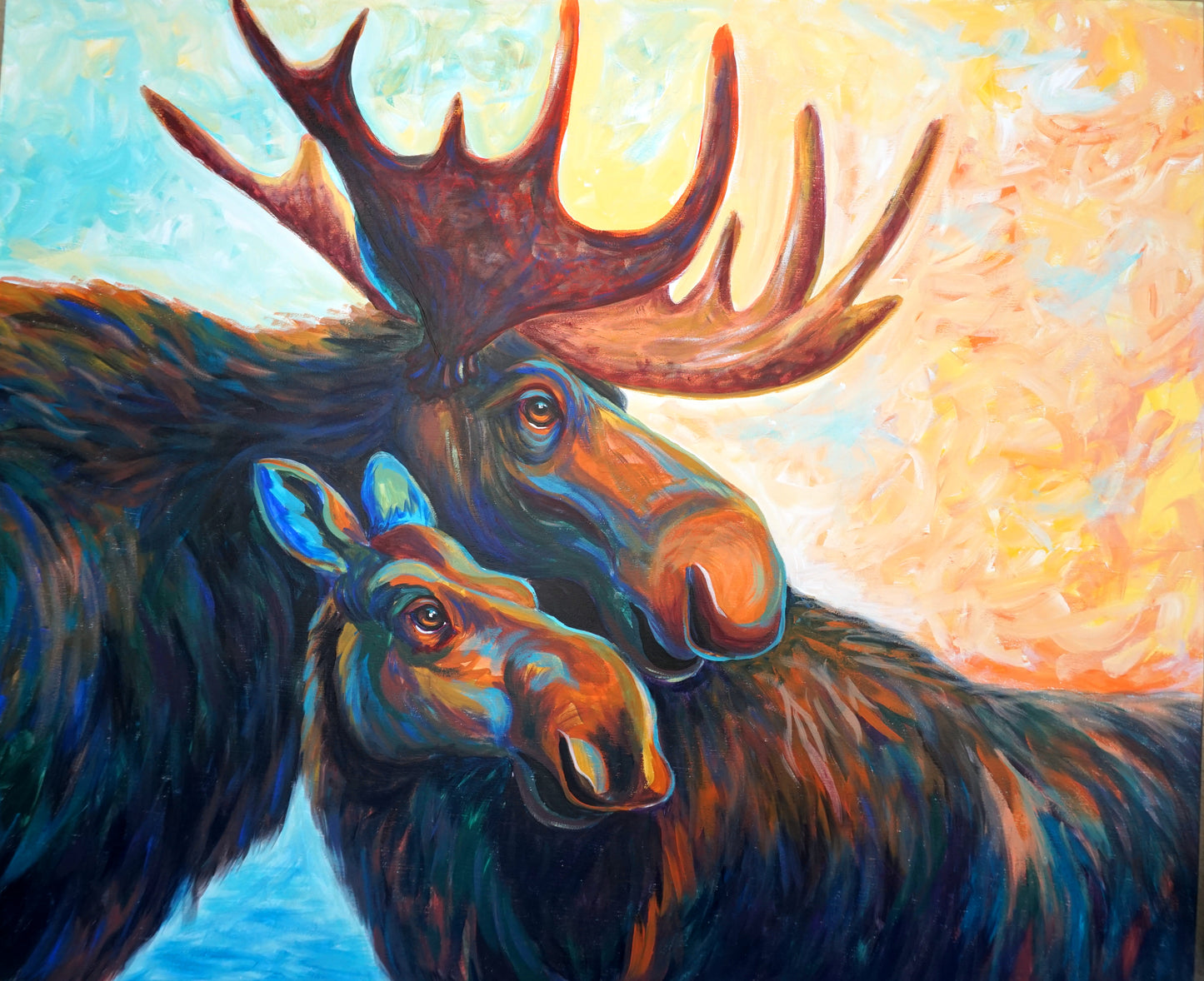 Wildly Devoted original acrylic painting of two moose nuzzling under a gold and turquoise sky by Meg Harper