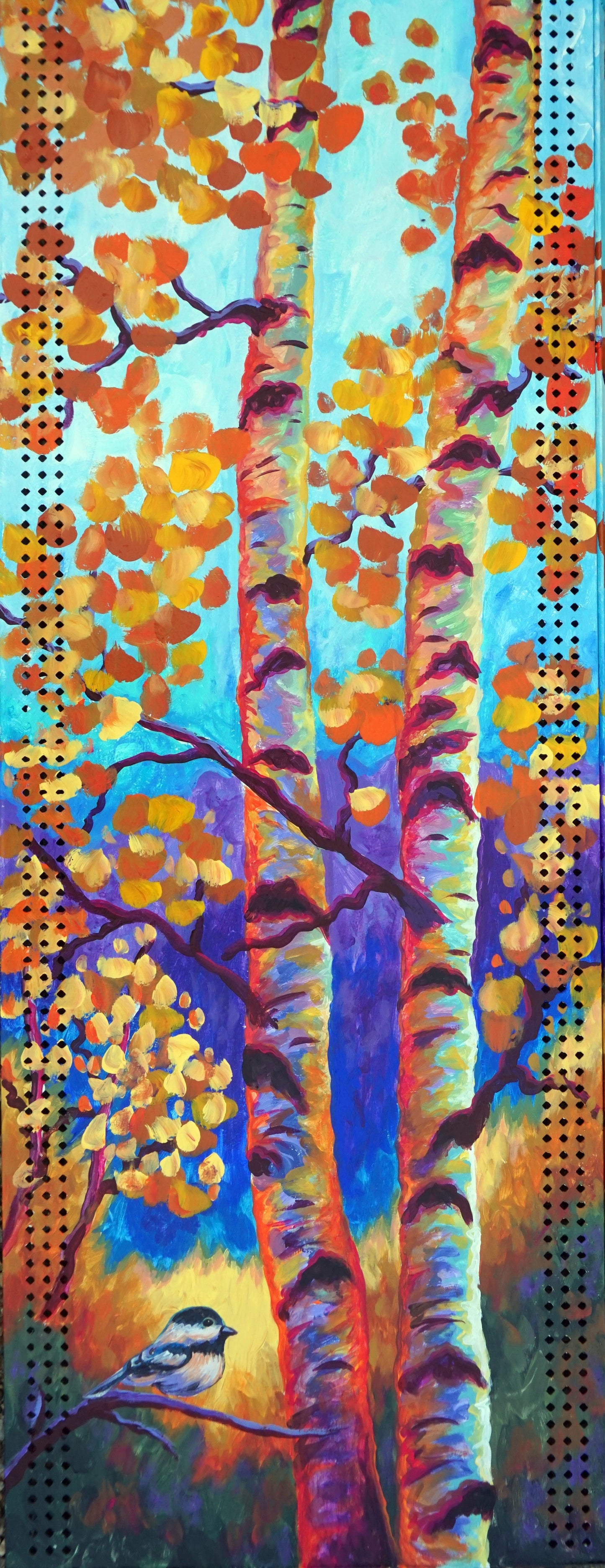 Brilliant Chickadee original painting, a chickadee perched among white and gold aspen trunks against a turquoise sky, hand-painted on reclaimed metal shelf