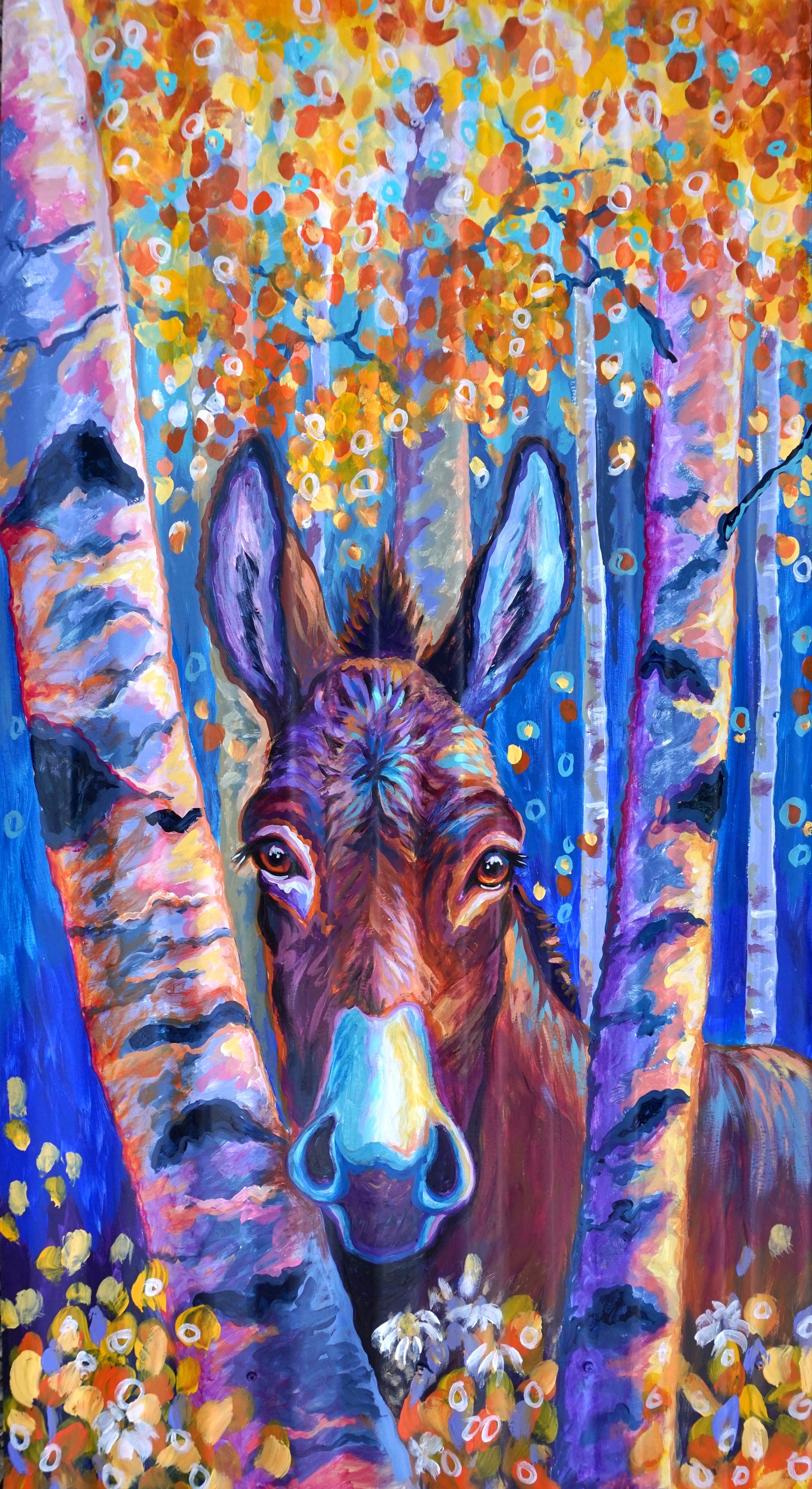 Original painting of a donkey standing in a golden aspen grove with ears up, painted on reclaimed corrugated tin