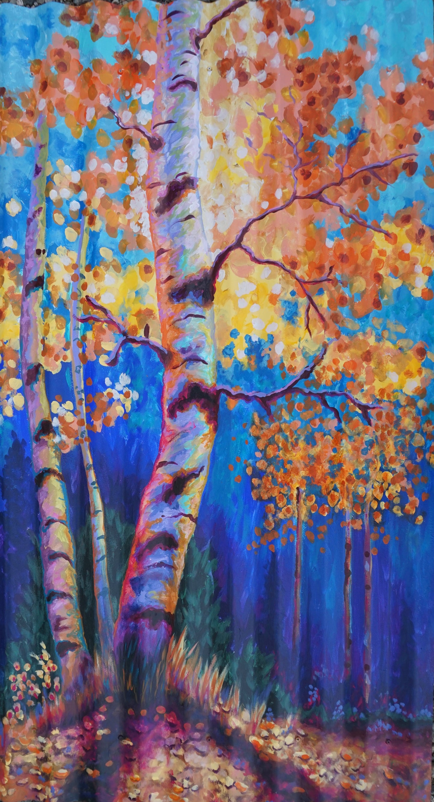 Original painting of blue and violet aspen trunks with a gold and orange canopy, painted on reclaimed corrugated tin