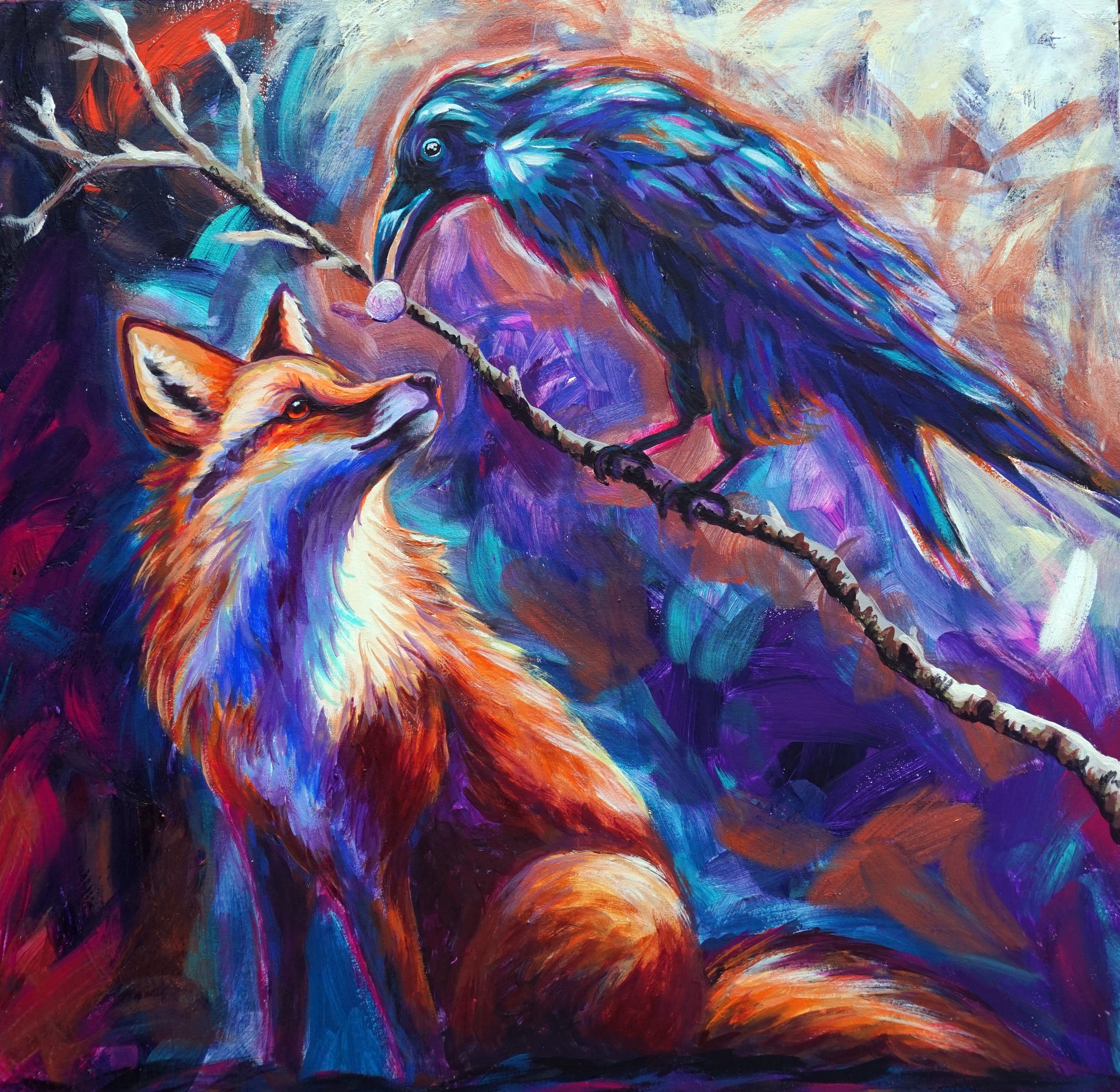 Original painting of a raven perched on a birch branch offering a small white gift to a red fox looking up, in purple and orange, painted on reclaimed wood
