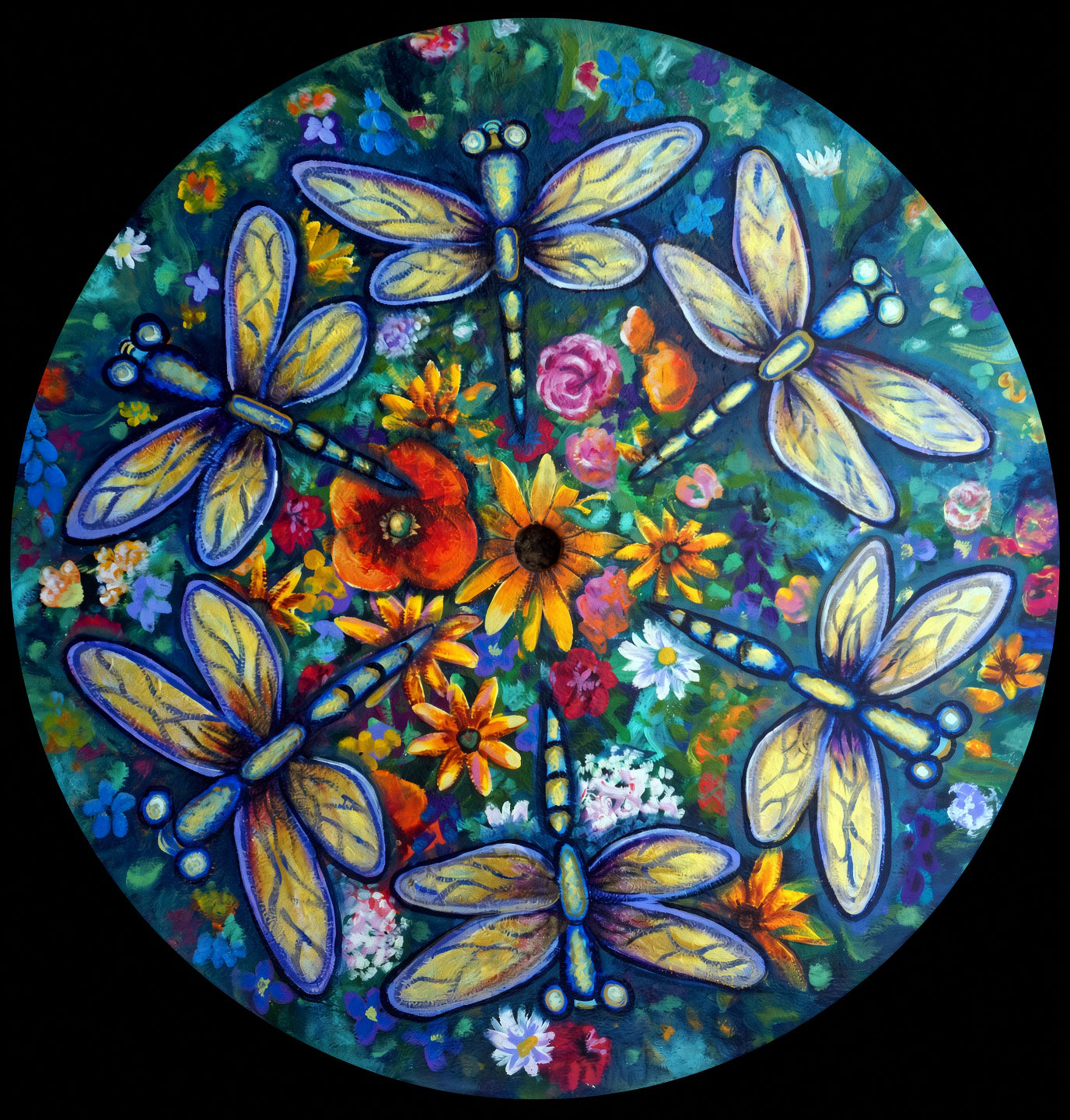Original painting of six dragonflies arranged in a mandala over a field of colorful wildflowers, on a round metal outdoor patio table top ready to hang