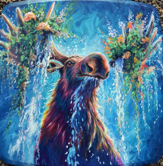 Original acrylic painting of a bull moose surfacing from blue water with wildflowers blooming in his antlers, painted on a reclaimed fold-up table top