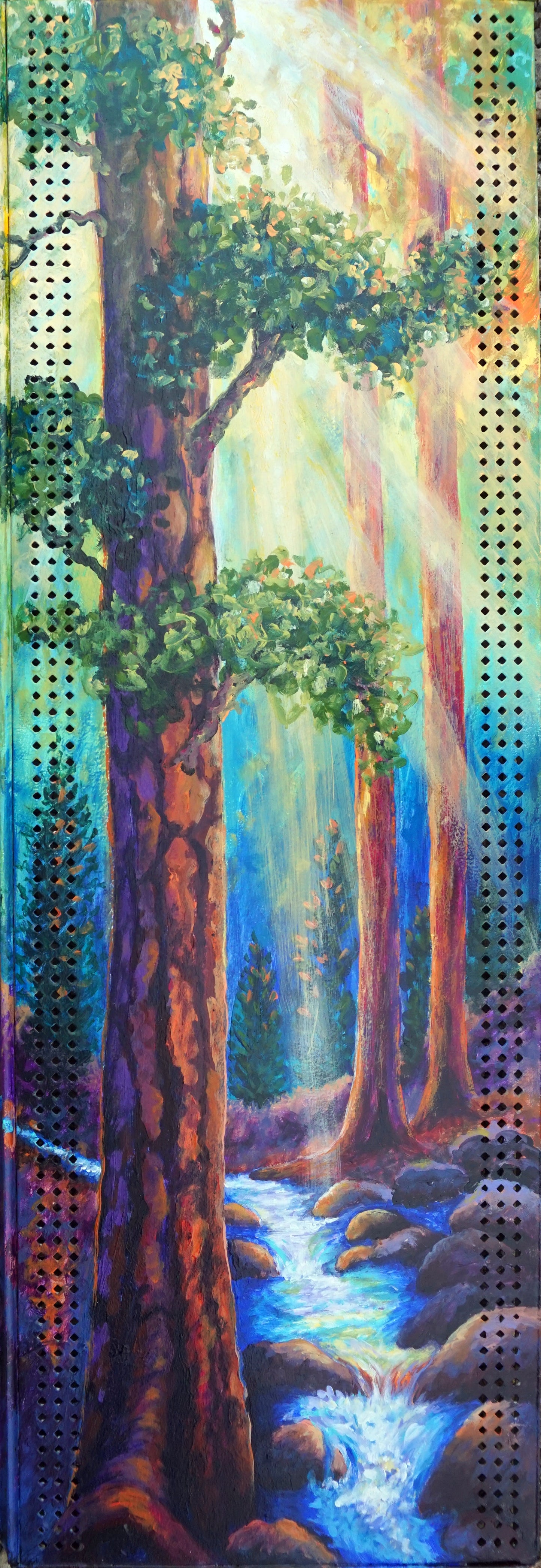 Original vertical painting of sunlight streaming through tall ponderosa pines above a rocky blue creek, painted on tall narrow reclaimed metal shelving with perforated edges