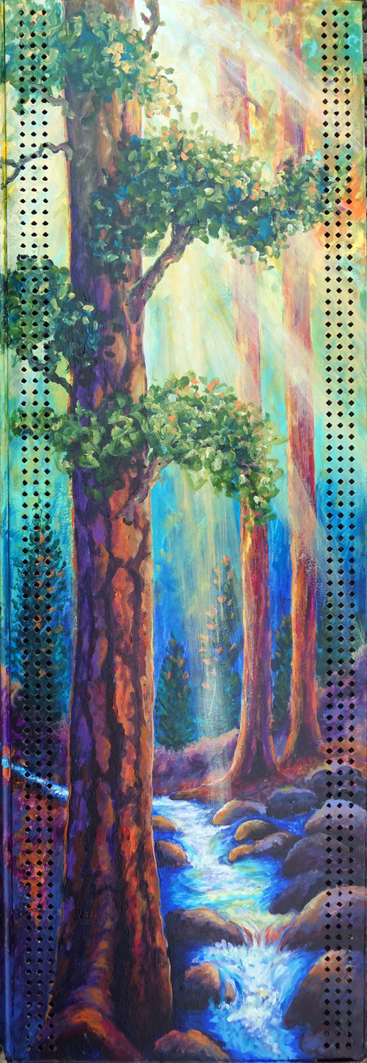 Original vertical painting of sunlight streaming through tall ponderosa pines above a rocky blue creek, painted on tall narrow reclaimed metal shelving with perforated edges