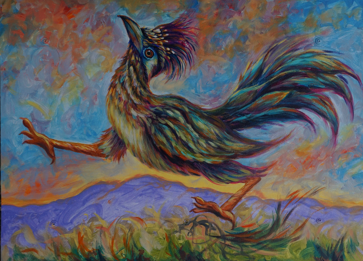 Colorful roadrunner leaping mid-air with one leg kicked out against a sunset sky and purple mountains, painted on a reclaimed real estate sign by Meg Harper