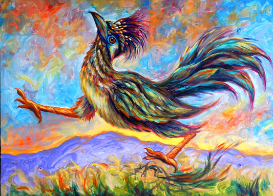 Poetry in Motion – Dancing Roadrunner Painting on Reclaimed Real Estate Sign