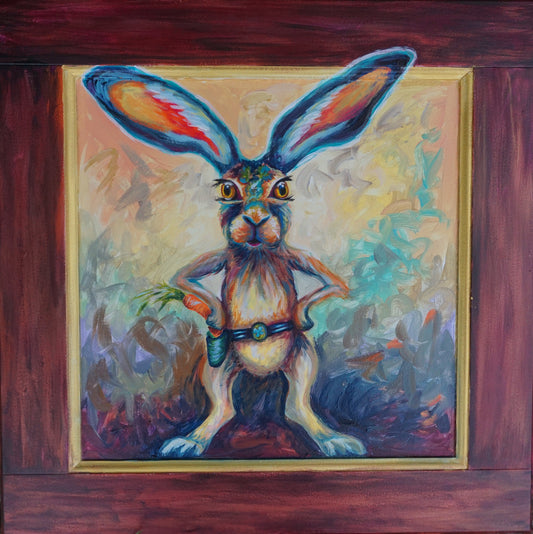 Contemporary Western painting of a jackrabbit standing hands on hips with a carrot in a holster, ears extending past a gold frame onto a reclaimed cabinet door, by Meg Harper