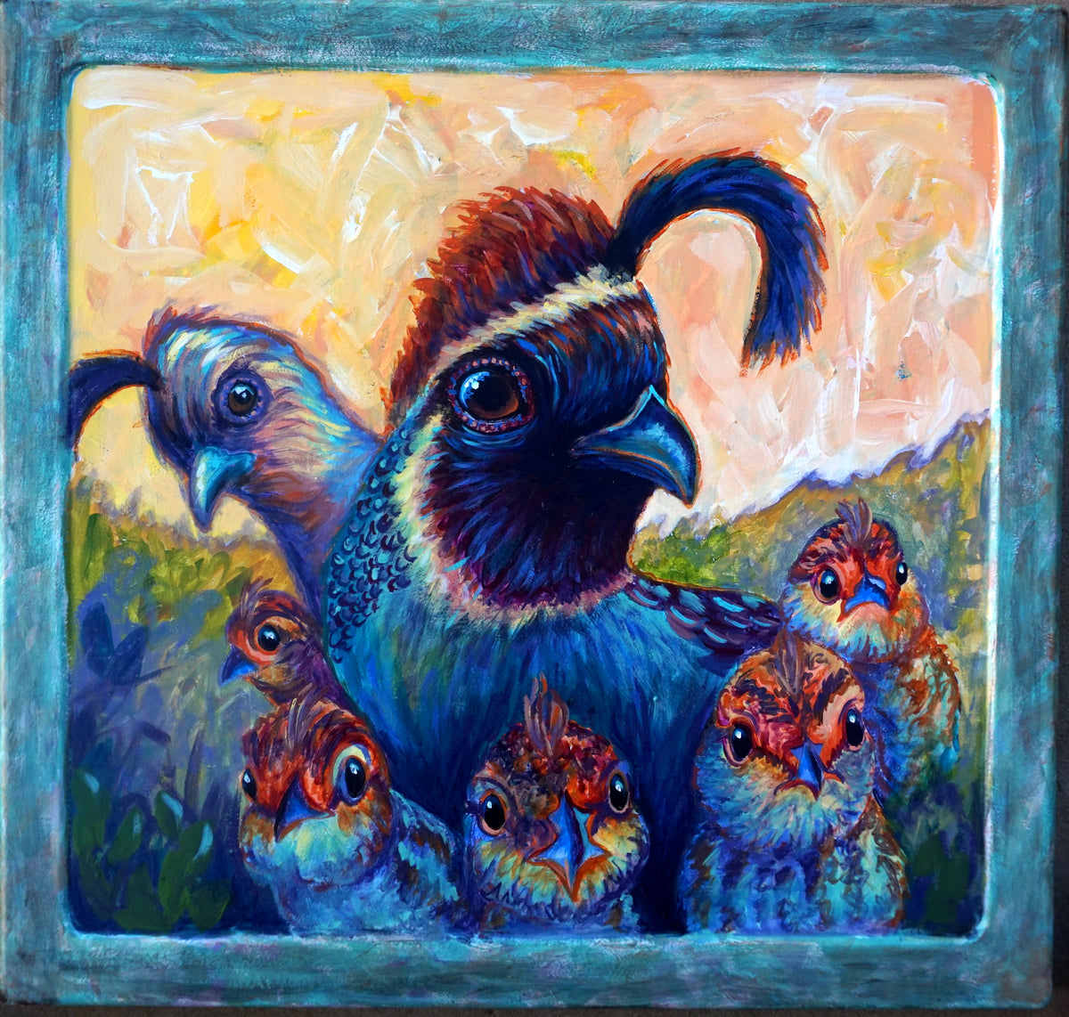 Gamble's quail family painting on a reclaimed washing machine top, dad quail on guard with chicks peeking over the edge